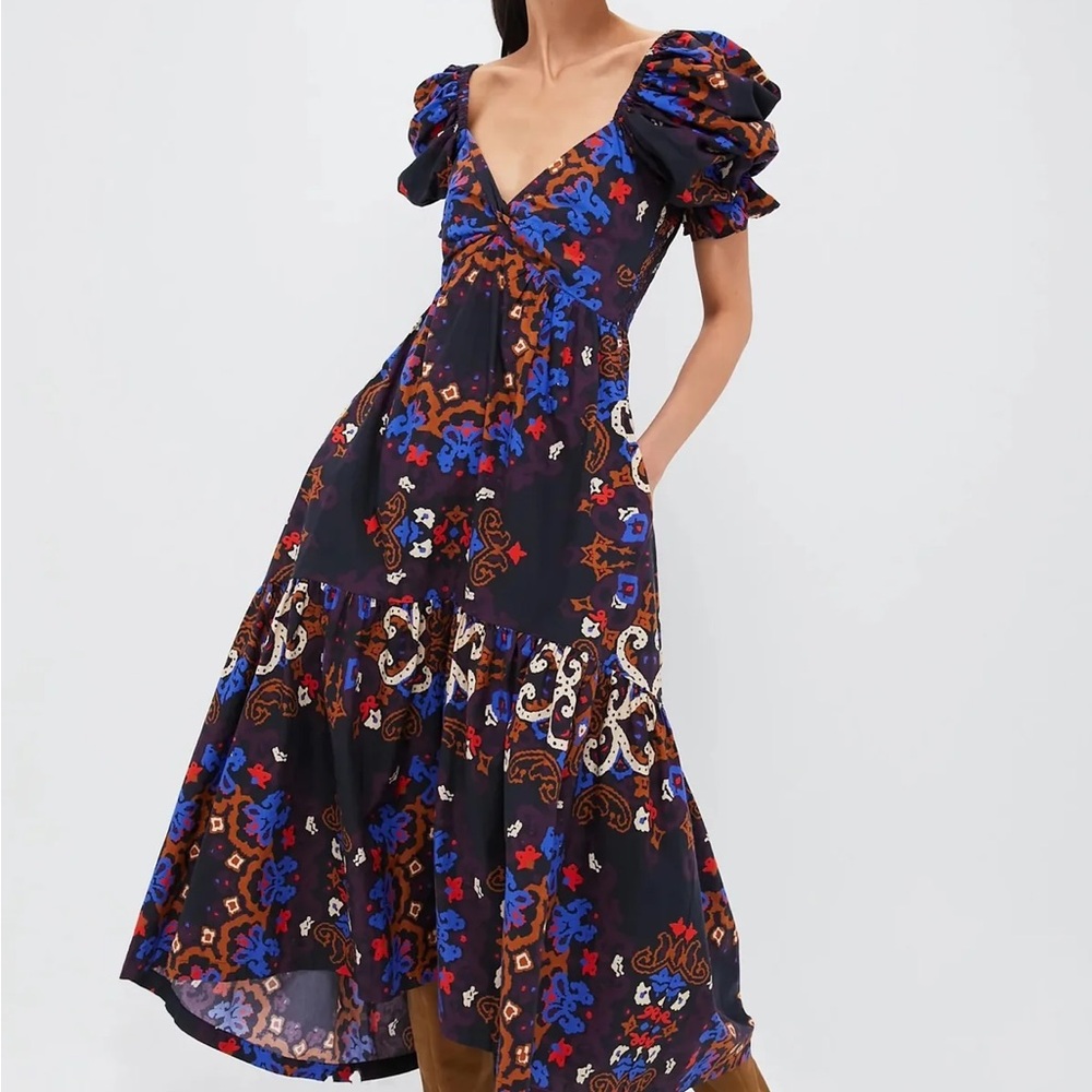 Cleobella Jewel Ankle Dress Venezia Print Size Small Puff Sleeve Smocked NEW